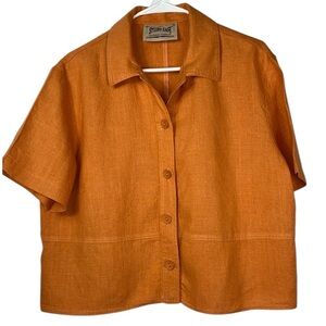 STUDIO EASE linen button down short sleeve minimalist boxy top Sz L Tangerine